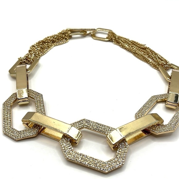 Oversized Gold Chunky Toggle Statement Necklace Rhinestones Geometric Sparkle - Picture 7 of 10